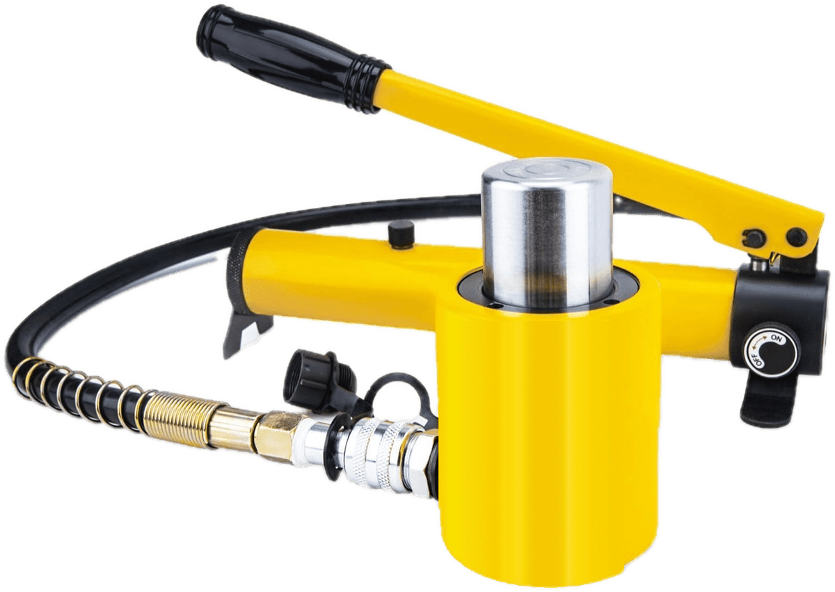 Remote control hydraulic jack set (cylinder, hose and hand pump), labelled